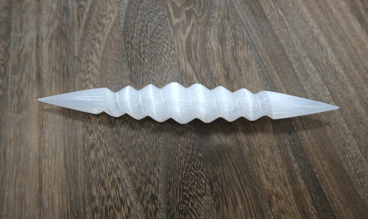 Selenite Spiral Wand | Double Terminate Points | Satin Spar | 6 Inch