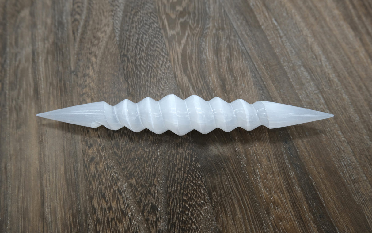 Selenite Spiral Wand | Double Terminate Points | Satin Spar | 6 Inch