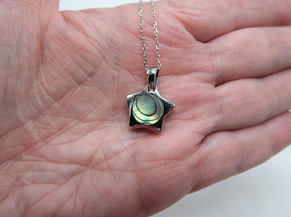 Abalone Shell Star 15 mm Necklace on Rhodium 16 Inch Chain