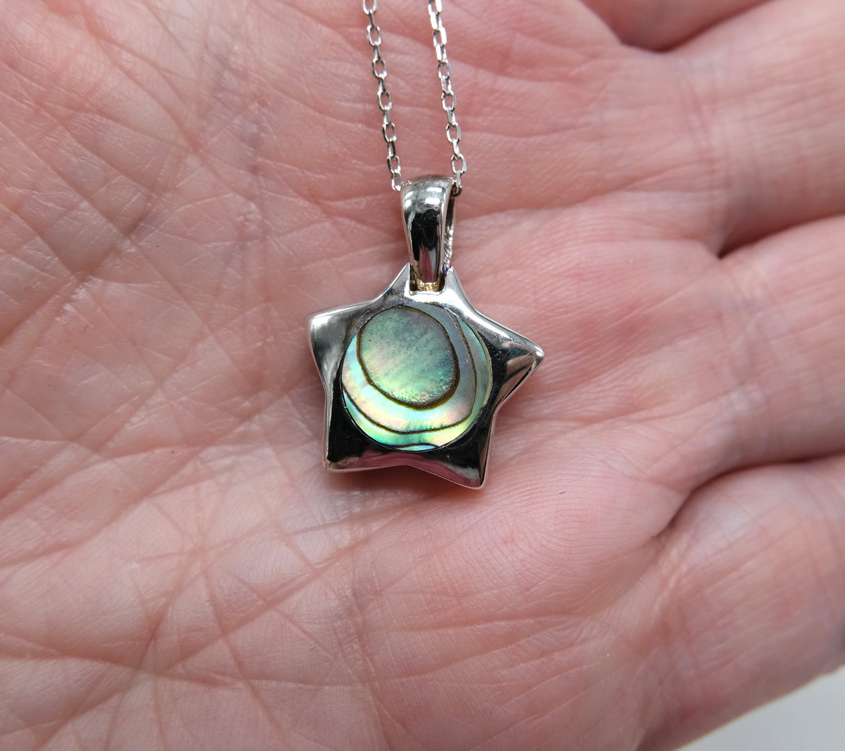 Abalone Shell Star 15 mm Necklace on Rhodium 16 Inch Chain