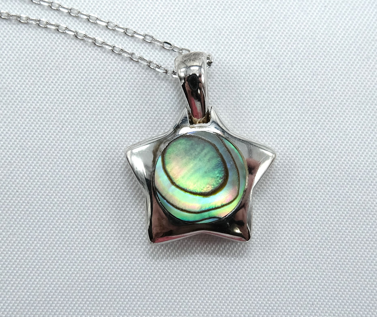 Abalone Shell Star 15 mm Necklace on Rhodium 16 Inch Chain