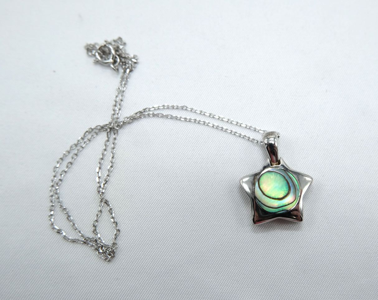 Abalone Shell Star 15 mm Necklace on Rhodium 16 Inch Chain