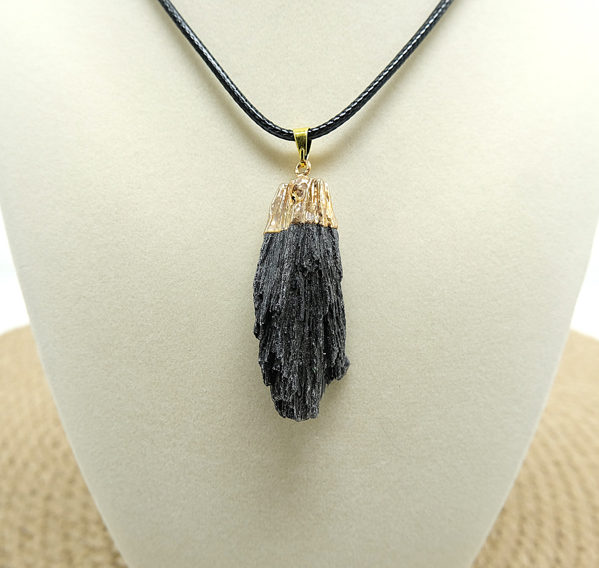 Large Black Kyanite Fan Pendant with Gold Plating