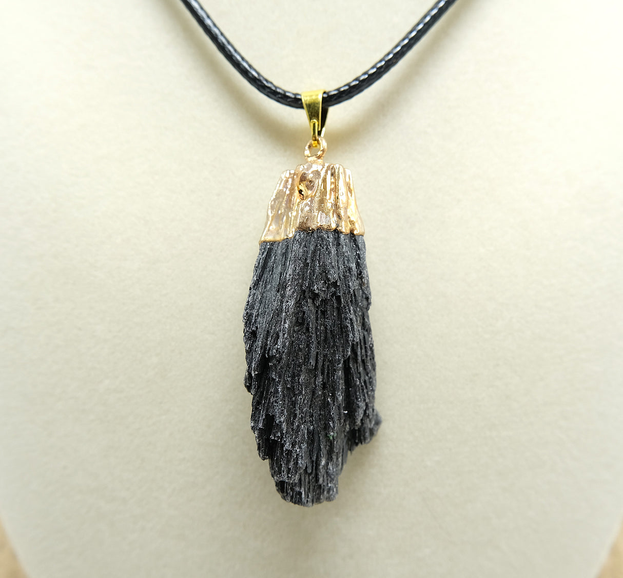 Large Black Kyanite Fan Pendant with Gold Plating