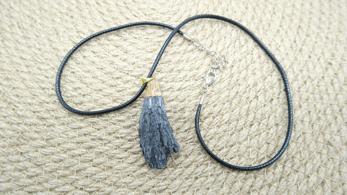 Large Black Kyanite Fan Pendant with Gold Plating