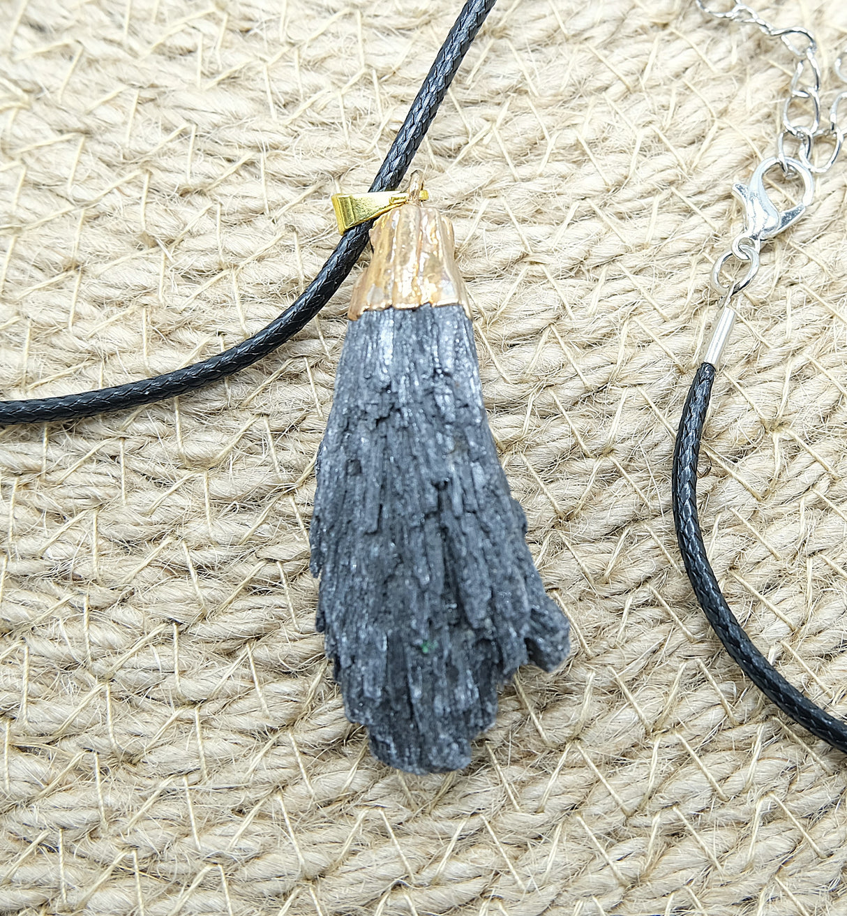Large Black Kyanite Fan Pendant with Gold Plating