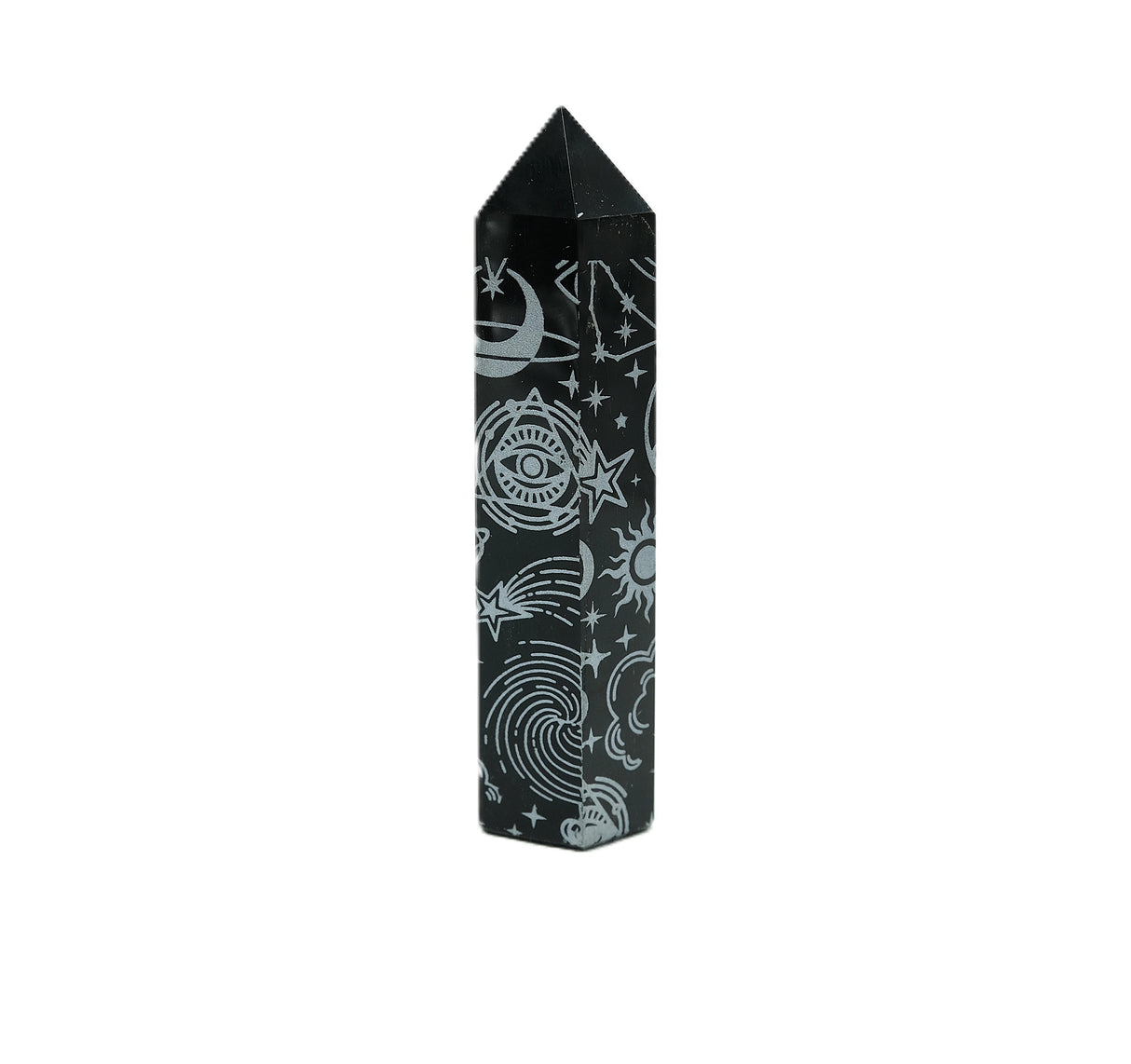 Black Obsidian Etched Obelisk Wand | Celestial or Chakra Crystal Tower