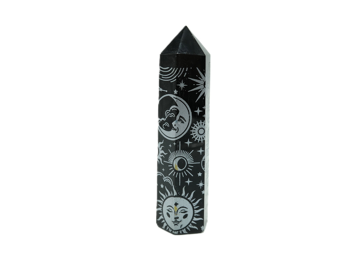 Black Obsidian Etched Obelisk Wand | Celestial or Chakra Crystal Tower