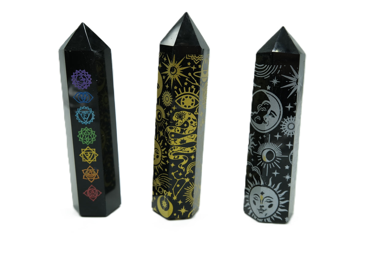 Black Obsidian Etched Obelisk Wand | Celestial or Chakra Crystal Tower
