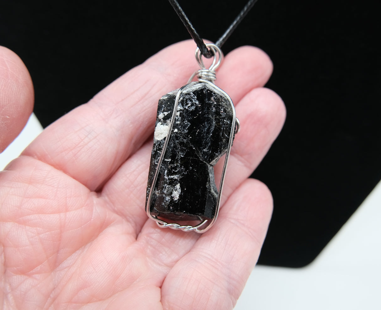 Raw Black Tourmaline Wire Wrapped Pendant Necklace | Rough Natural Tourmaline Pendant