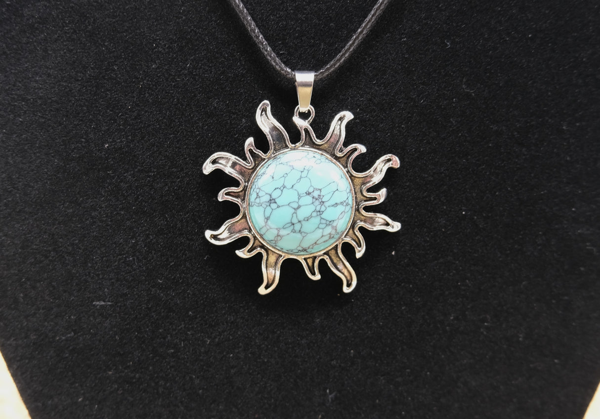 Necklace With Blue Turquoise Flame Sun Charm