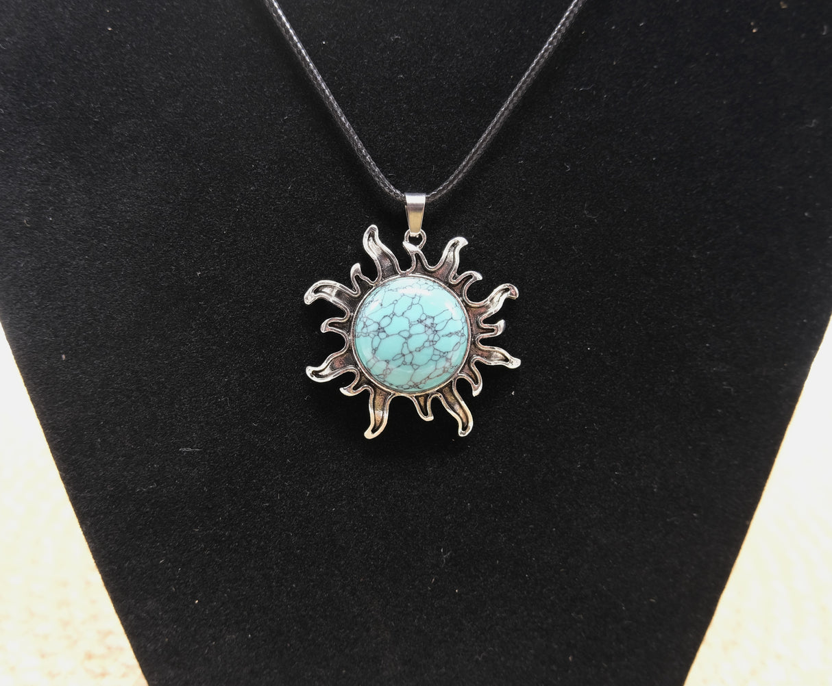Necklace With Blue Turquoise Flame Sun Charm