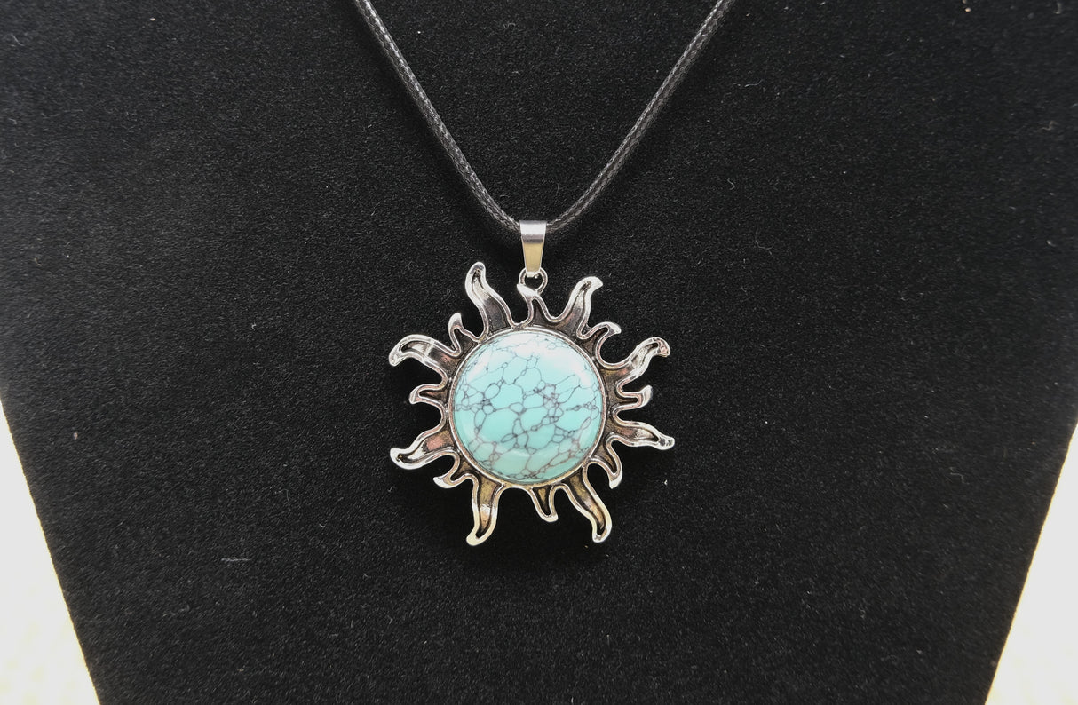 Necklace With Blue Turquoise Flame Sun Charm