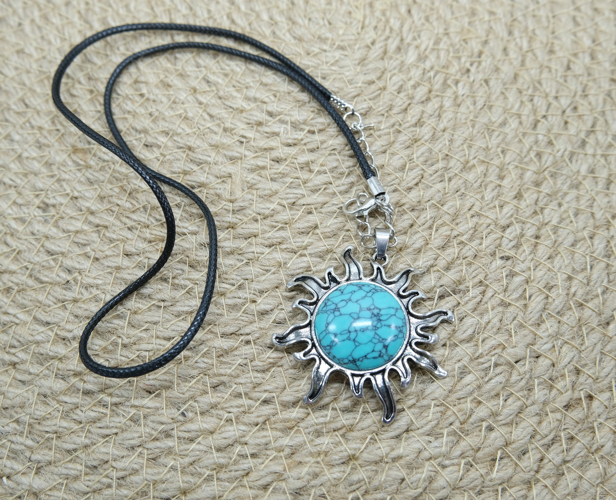 Necklace With Blue Turquoise Flame Sun Charm