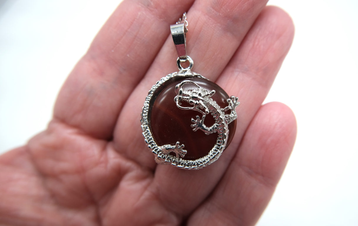 Carnelian Round Dragon Pendant Necklace with Rhodium Plated Silver 16 Inch Chain