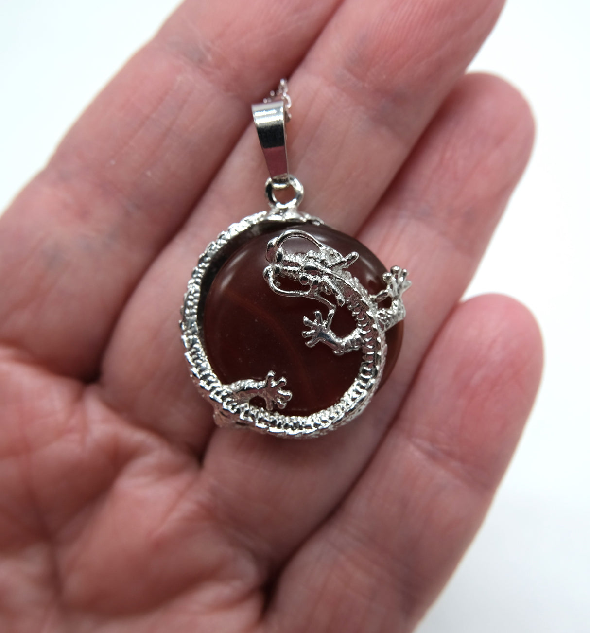 Carnelian Round Dragon Pendant Necklace with Rhodium Plated Silver 16 Inch Chain