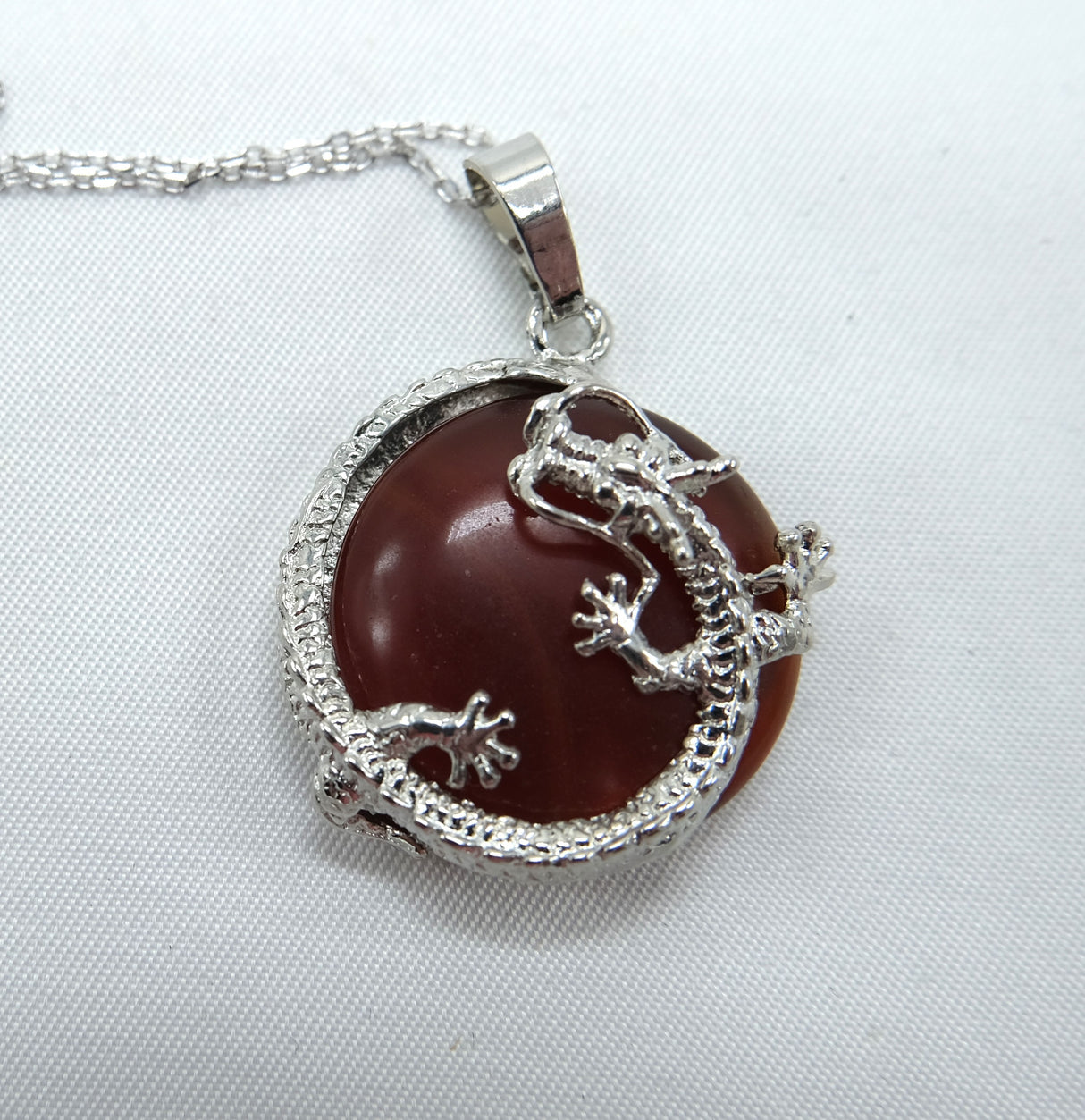 Carnelian Round Dragon Pendant Necklace with Rhodium Plated Silver 16 Inch Chain