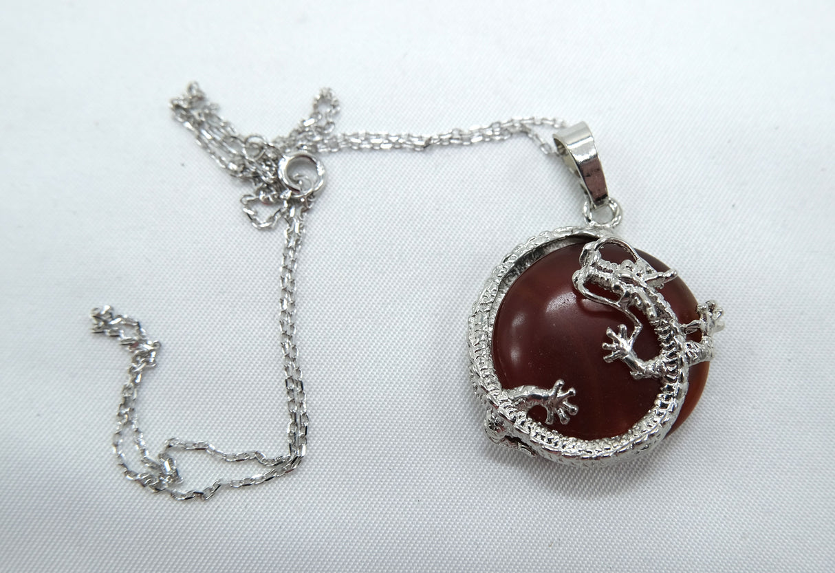 Carnelian Round Dragon Pendant Necklace with Rhodium Plated Silver 16 Inch Chain