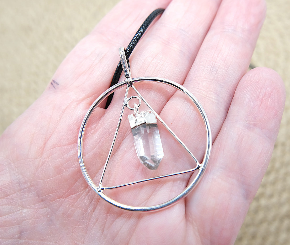Clear Quartz Point Triangle Silver Pendant Necklace
