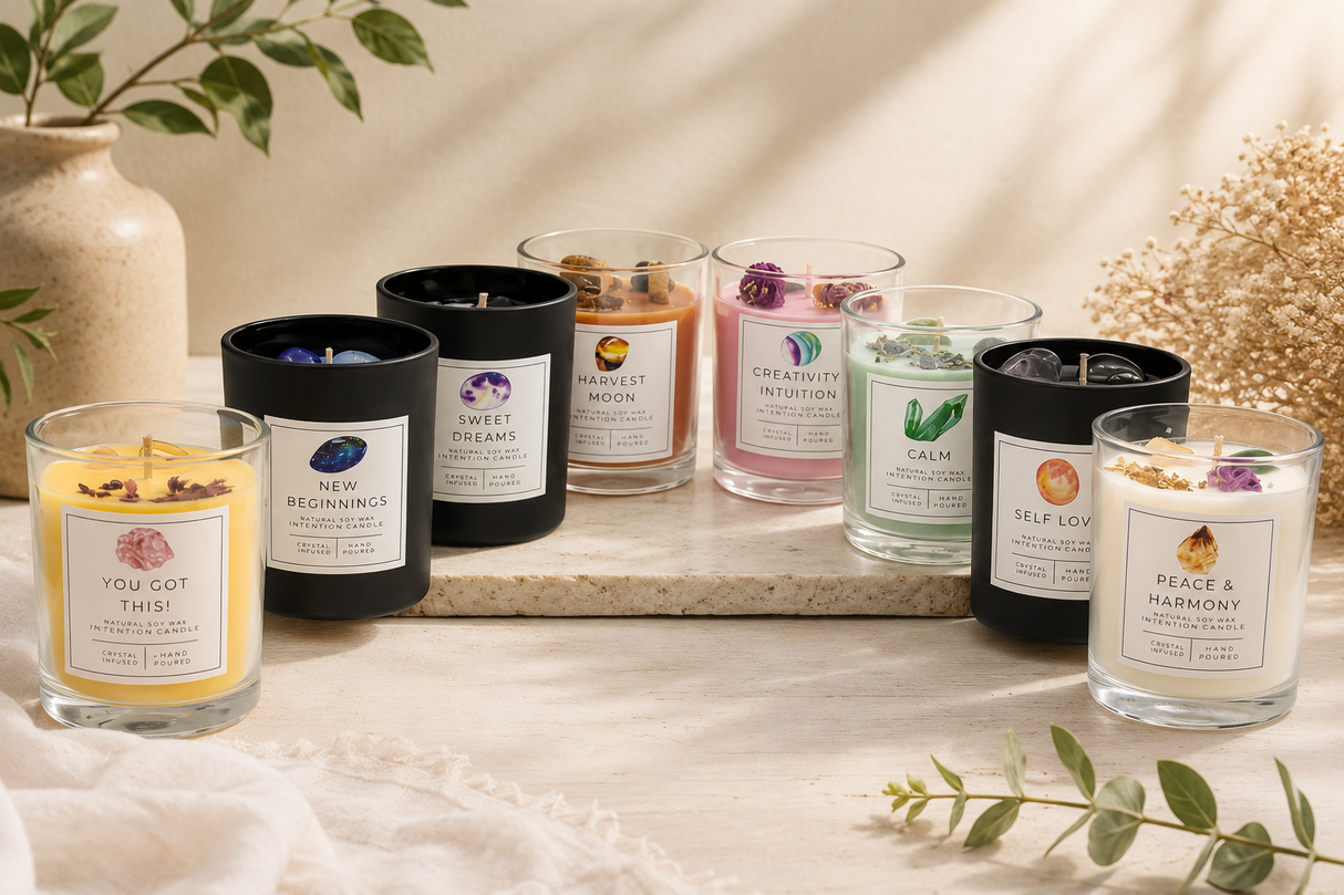 Crystal Intention Candle | Spiritual Crystal Candle for Relaxation, Self Love, Protection & Manifestation