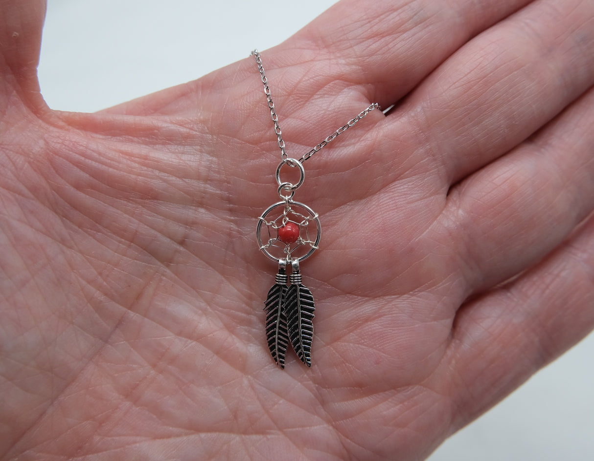 Dreamcatcher Pendant Necklace on 16 inch Rhodium chain - Red