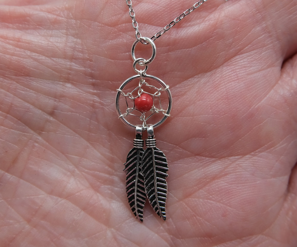 Dreamcatcher Pendant Necklace on 16 inch Rhodium chain - Red