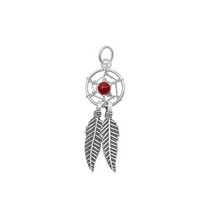Dreamcatcher Pendant Necklace on 16 inch Rhodium chain - Red