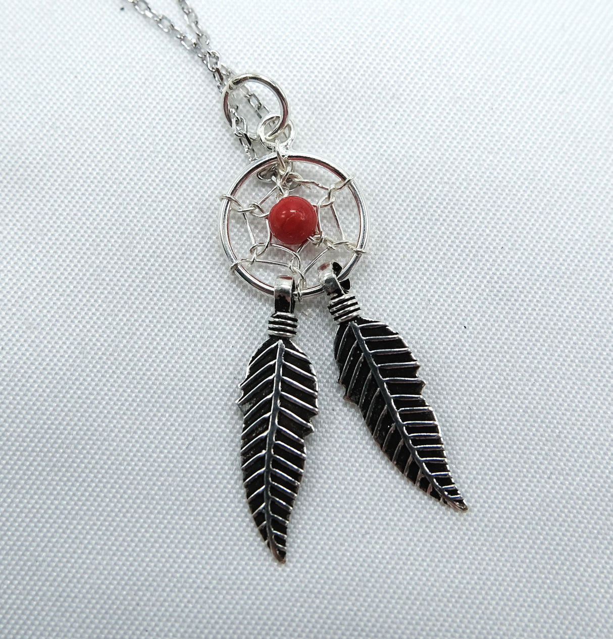 Dreamcatcher Pendant Necklace on 16 inch Rhodium chain - Red
