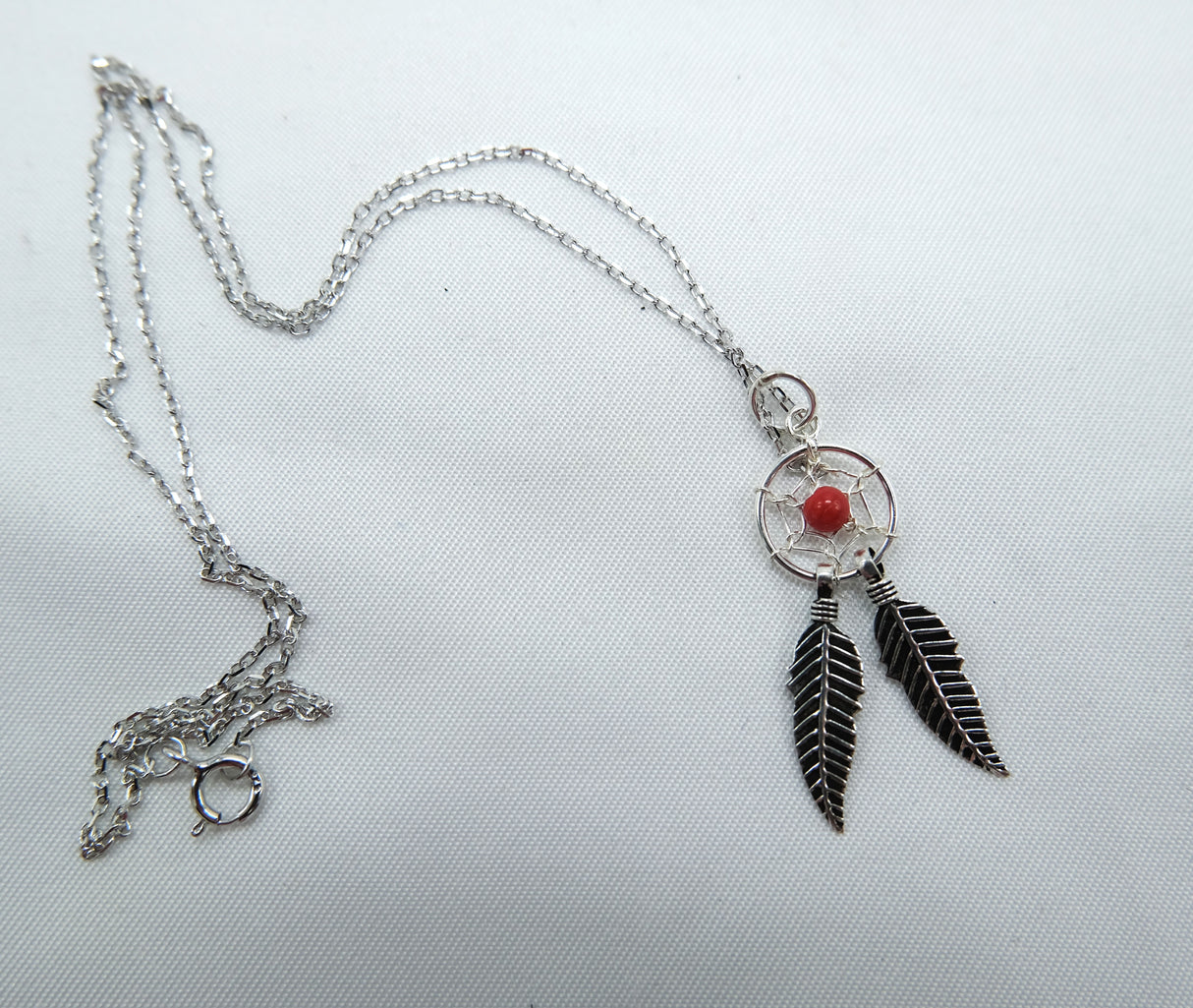 Dreamcatcher Pendant Necklace on 16 inch Rhodium chain - Red