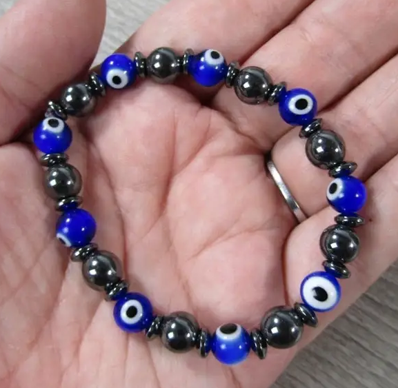 Evil Eye 8mm Lamp Glass And Hematite Bracelet | Stretchy Bracelet