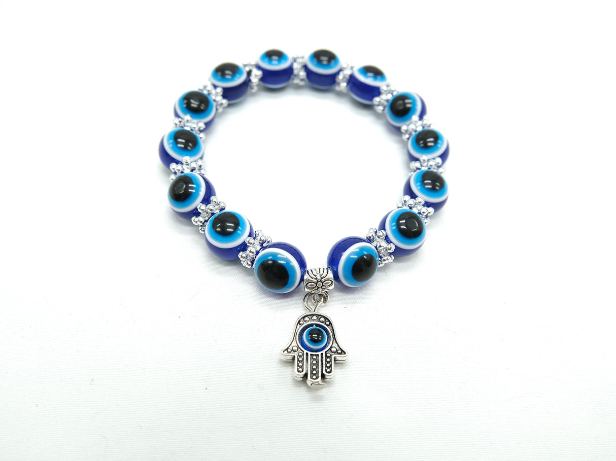 Blue Evil Eye Bracelet Hamsa Stretch Bracelet | 8 or 10mm