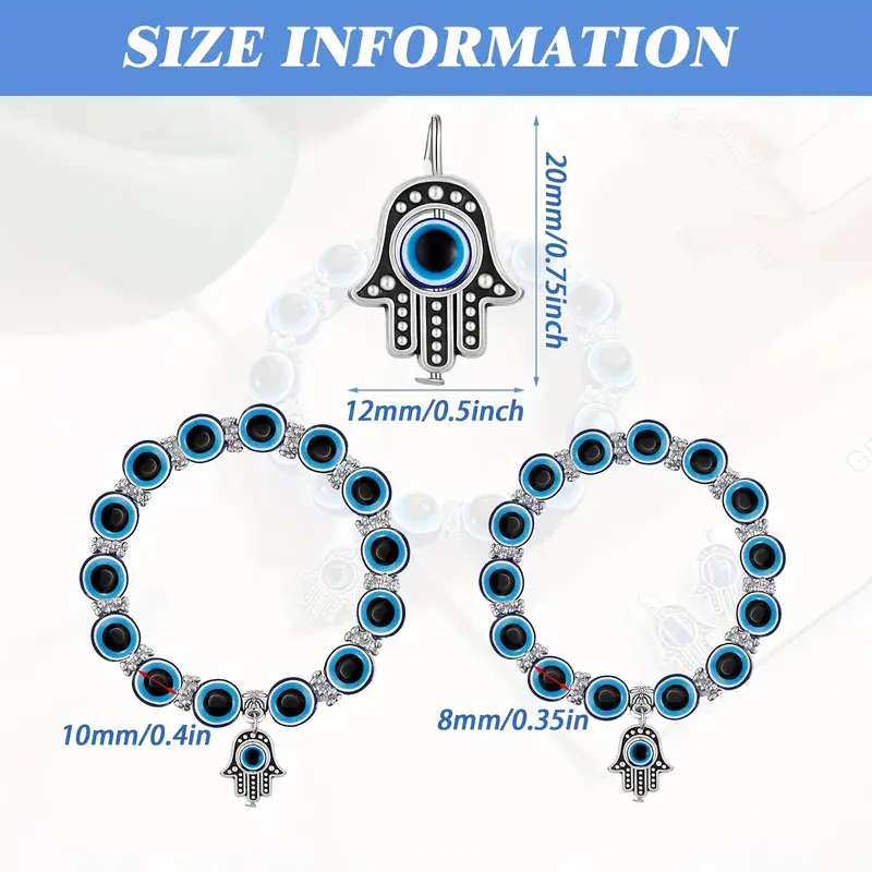 Blue Evil Eye Bracelet Hamsa Stretch Bracelet | 8 or 10mm
