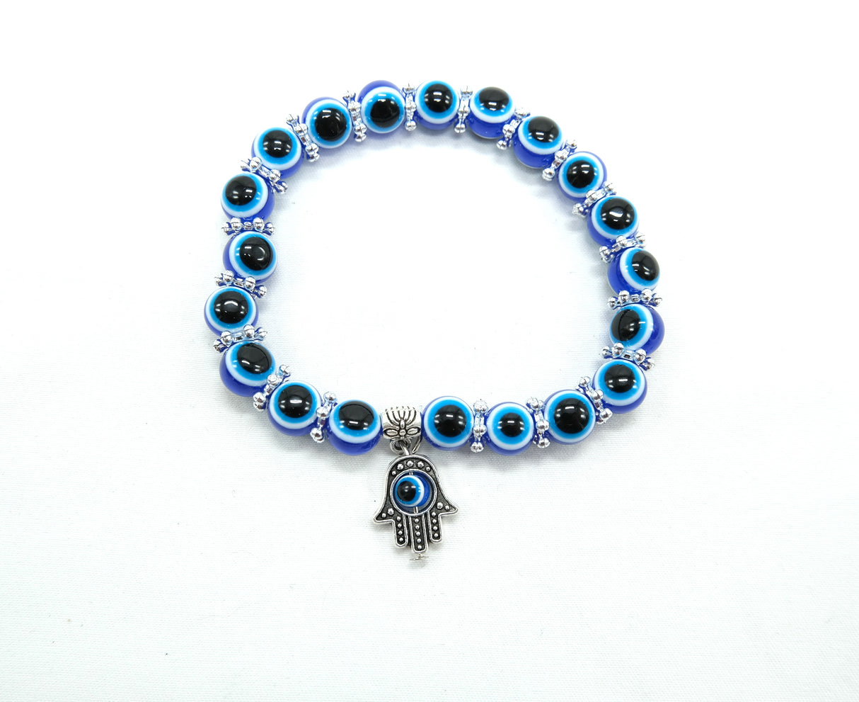 Blue Evil Eye Bracelet Hamsa Stretch Bracelet | 8 or 10mm