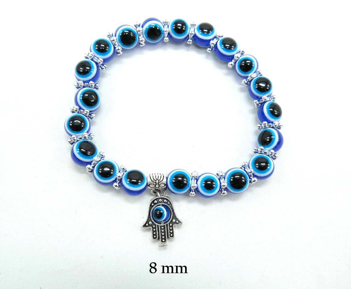 Blue Evil Eye Bracelet Hamsa Stretch Bracelet | 8 or 10mm