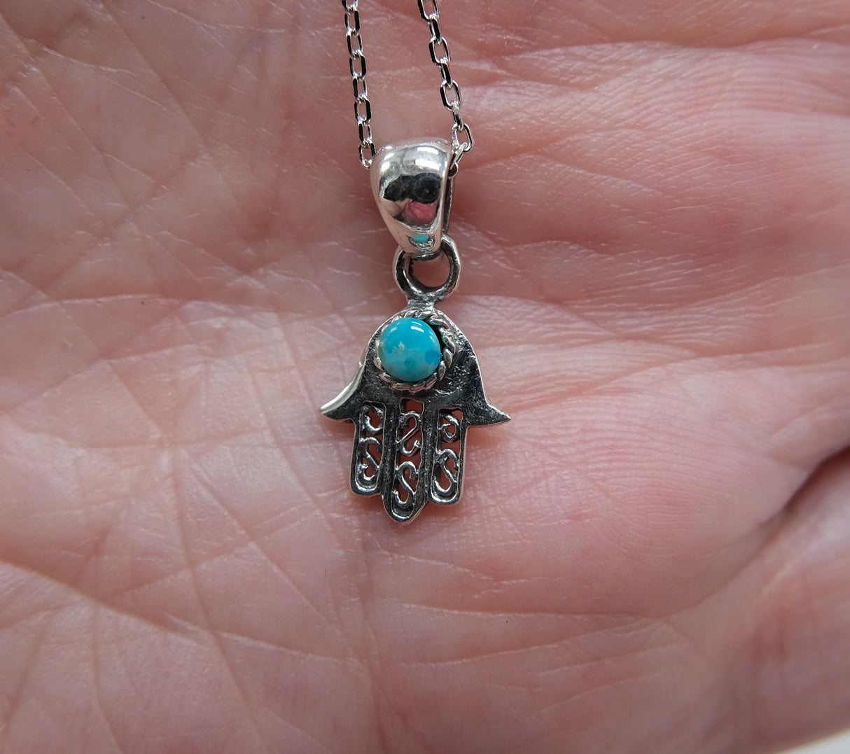 Genuine Turquoise Hamsa Pendant Necklace on 16 inch Rhodium Chain