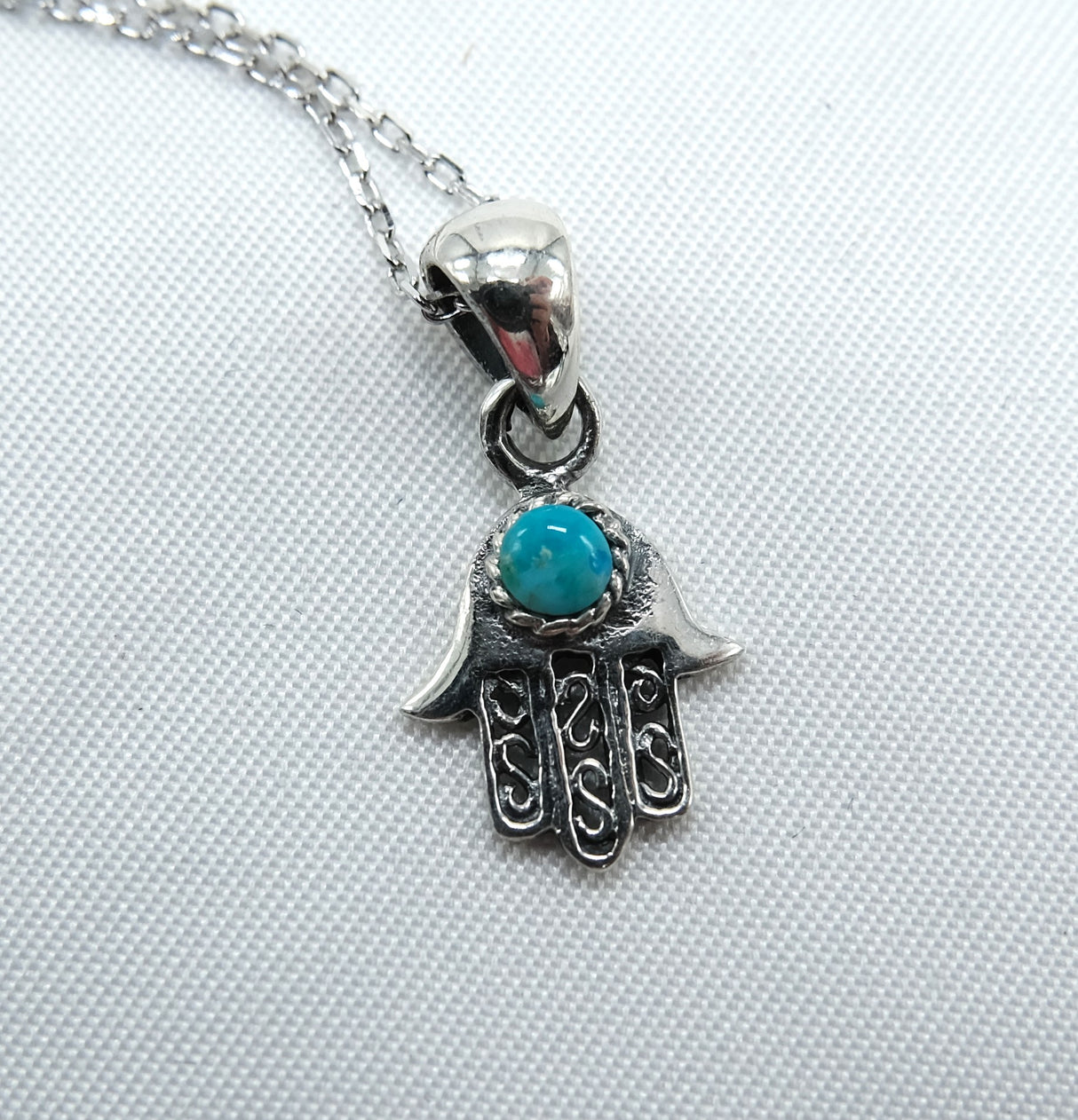 Genuine Turquoise Hamsa Pendant Necklace on 16 inch Rhodium Chain