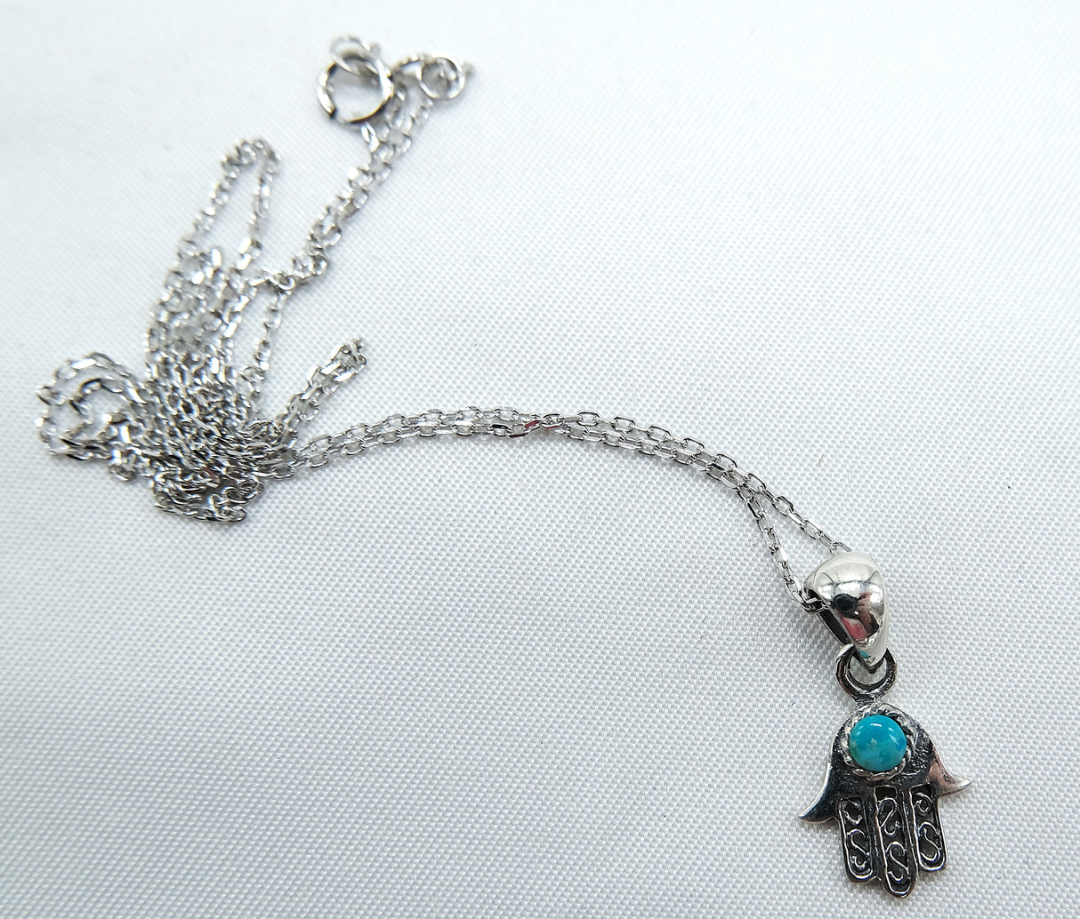 Genuine Turquoise Hamsa Pendant Necklace on 16 inch Rhodium Chain
