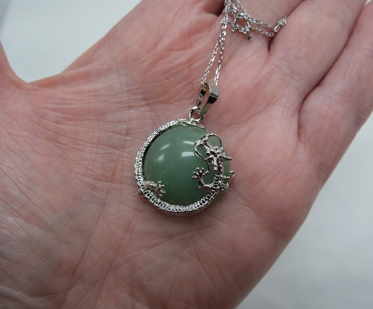 Green Aventurine Round Dragon Pendant Necklace with Rhodium Plated Silver 16 Inch Chain