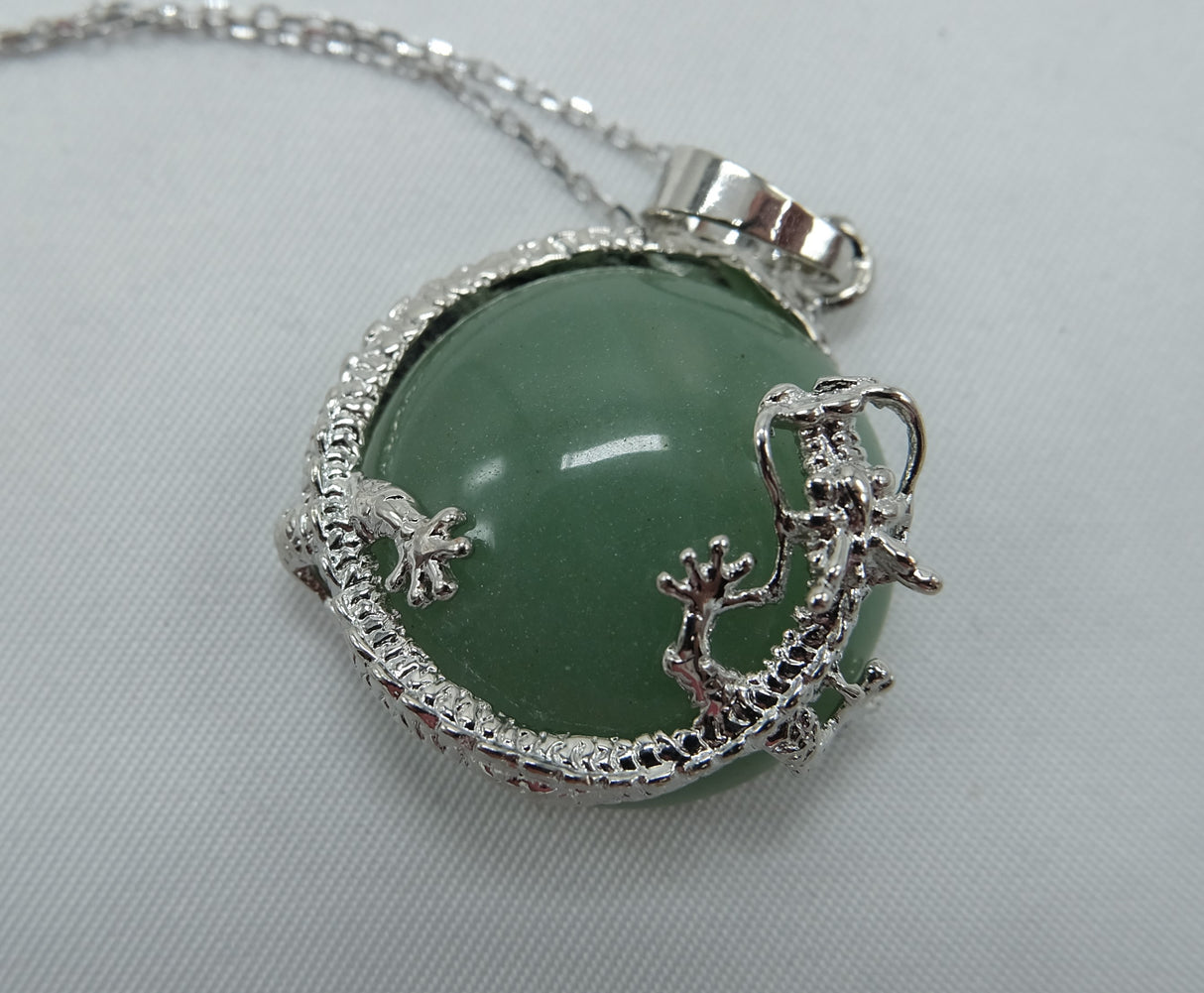 Green Aventurine Round Dragon Pendant Necklace with Rhodium Plated Silver 16 Inch Chain