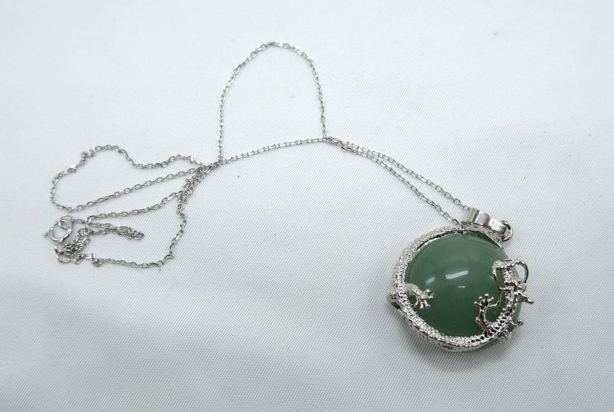 Green Aventurine Round Dragon Pendant Necklace with Rhodium Plated Silver 16 Inch Chain