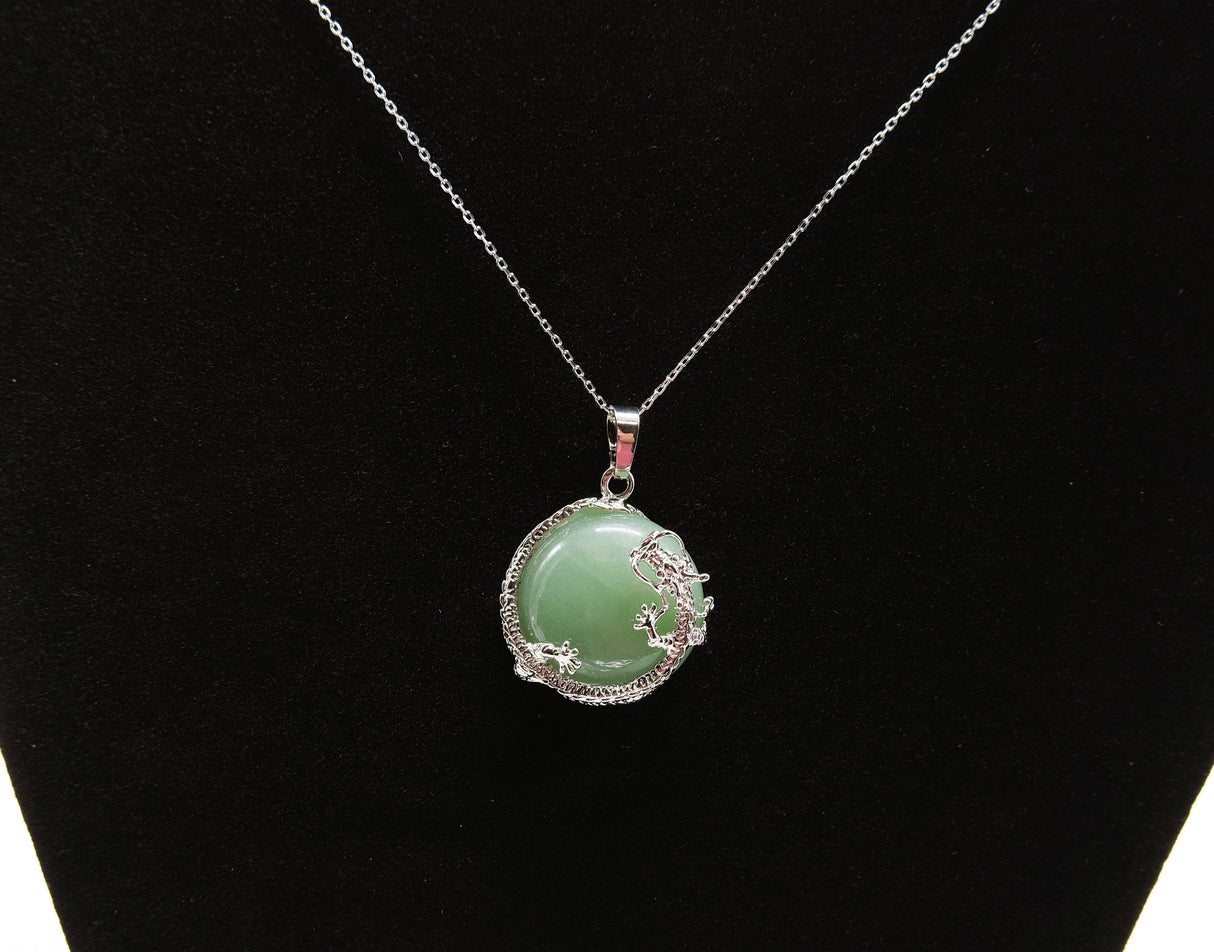 Green Aventurine Round Dragon Pendant Necklace with Rhodium Plated Silver 16 Inch Chain