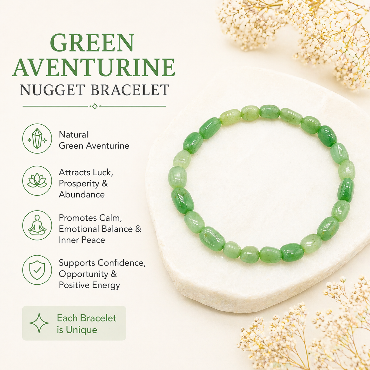 Green Aventurine Nugget Bracelet | The Stone of Opportunity | Natural Aventurine | Reiki Charged