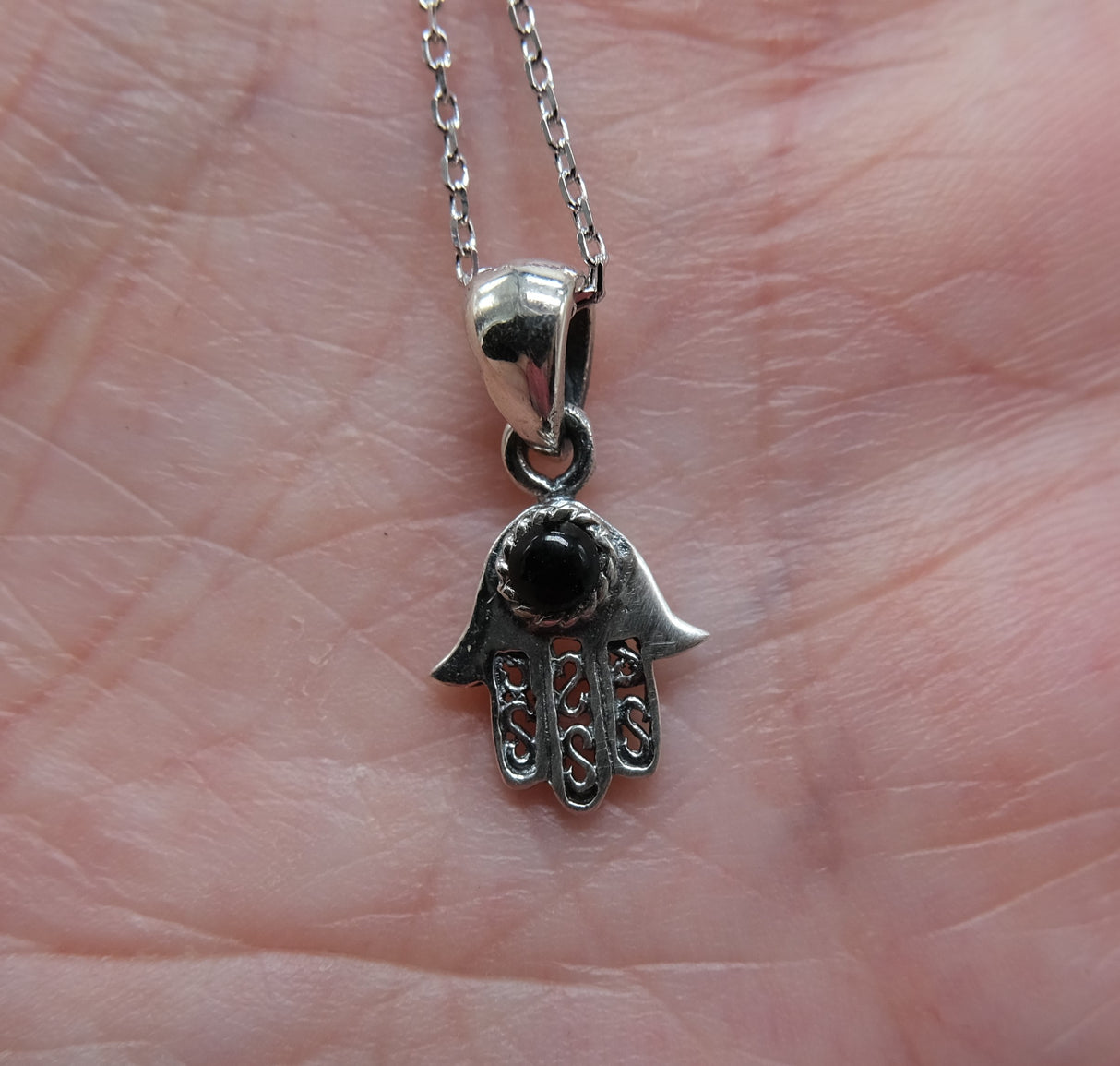 Black Agate Hamsa Pendant Necklace on 16 inch Rhodium Chain