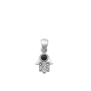 Black Agate Hamsa Pendant Necklace on 16 inch Rhodium Chain