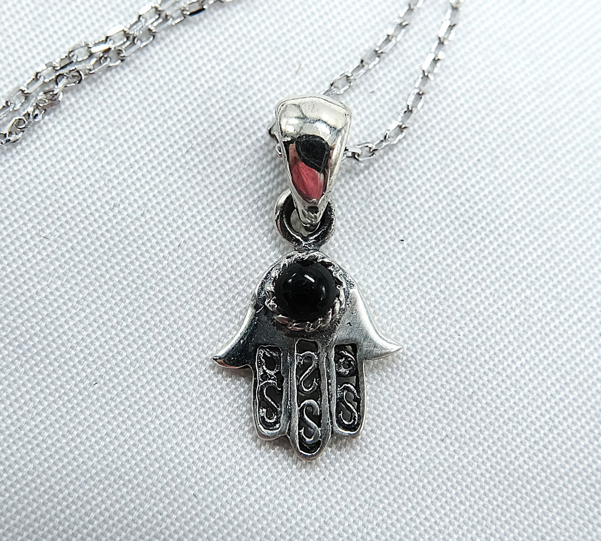 Black Agate Hamsa Pendant Necklace on 16 inch Rhodium Chain