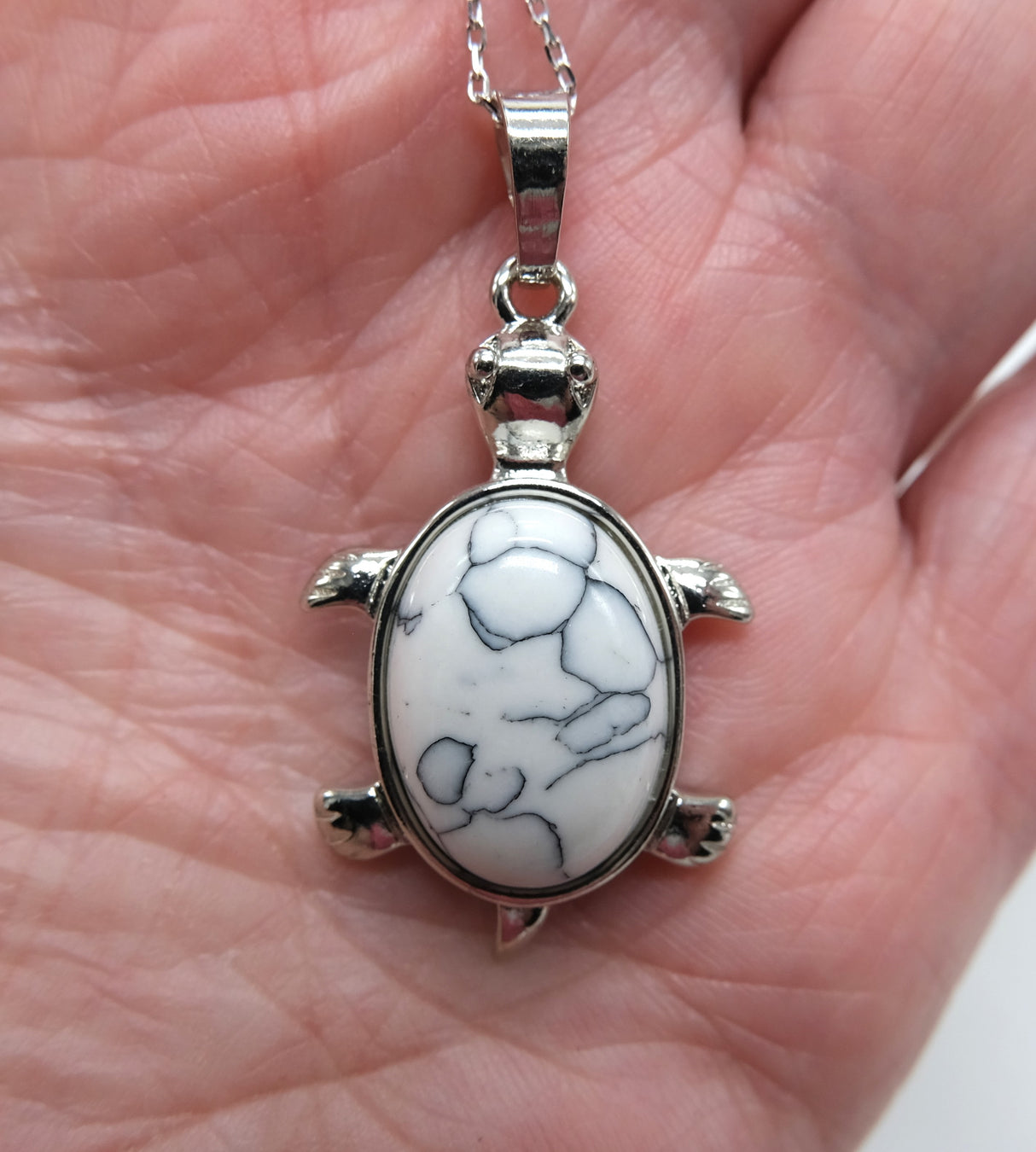 Howlite Turtle Pendant 16 Inch Rhodium Plated Necklace