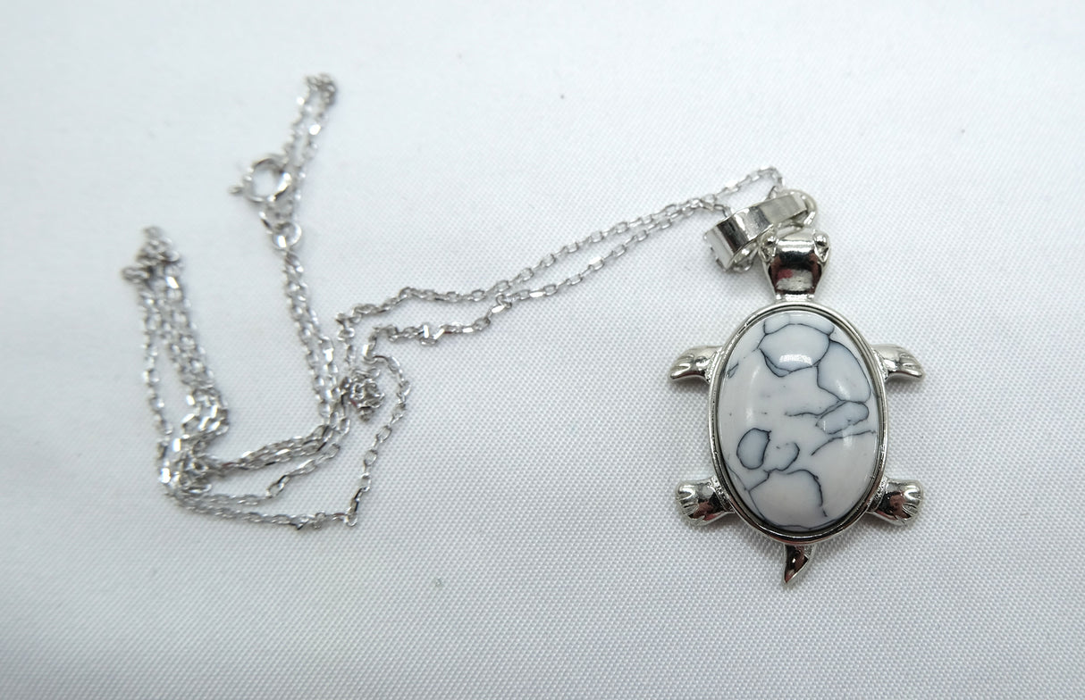 Howlite Turtle Pendant 16 Inch Rhodium Plated Necklace