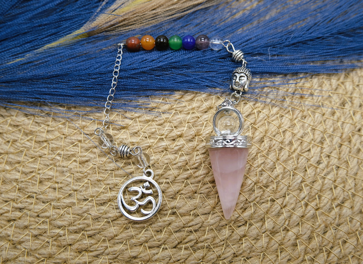 Ohm Chakra Rose Quartz Pendulum | These pendulums are Bracelet, pendant and traditional pendulum