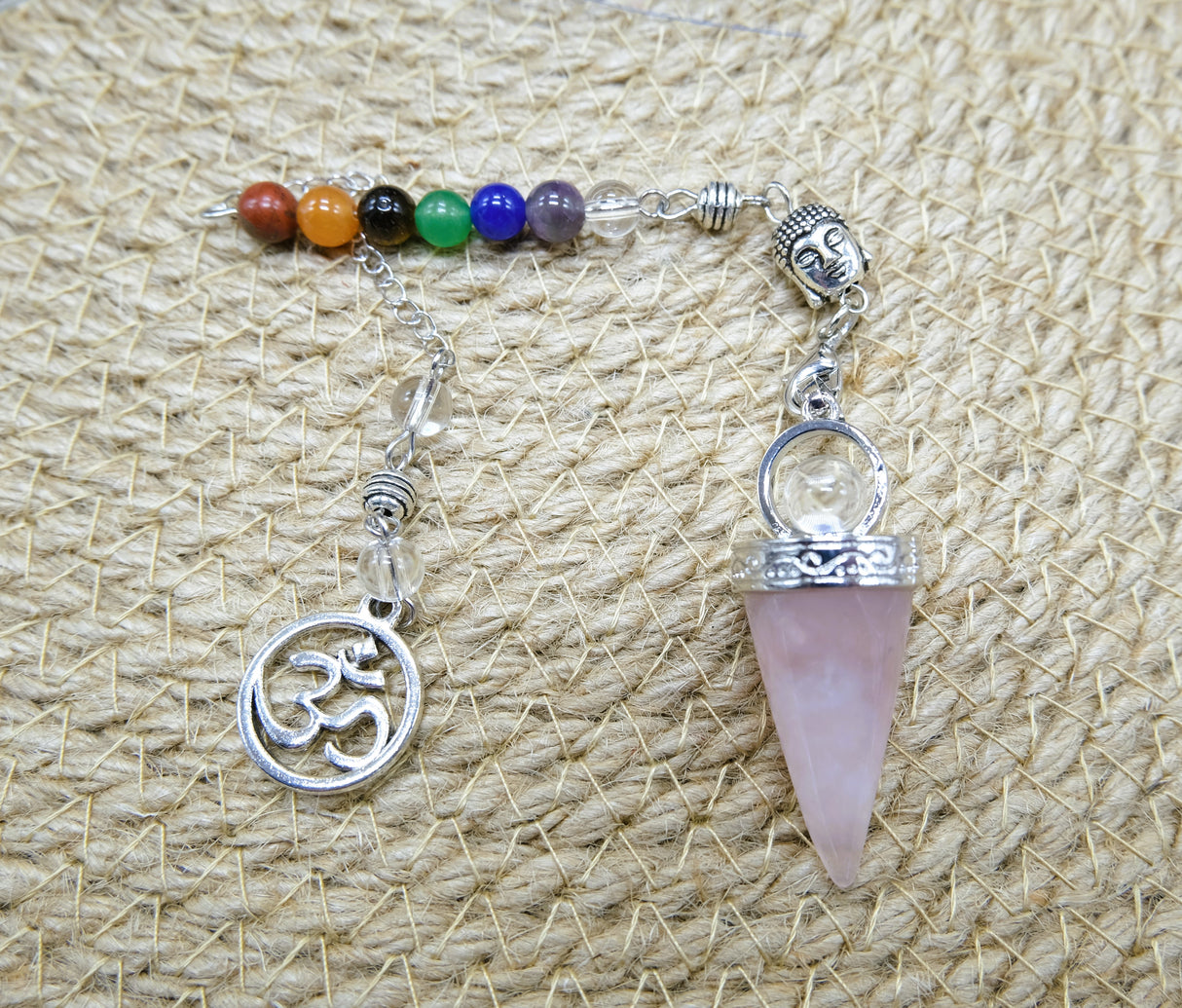 Ohm Chakra Rose Quartz Pendulum | These pendulums are Bracelet, pendant and traditional pendulum