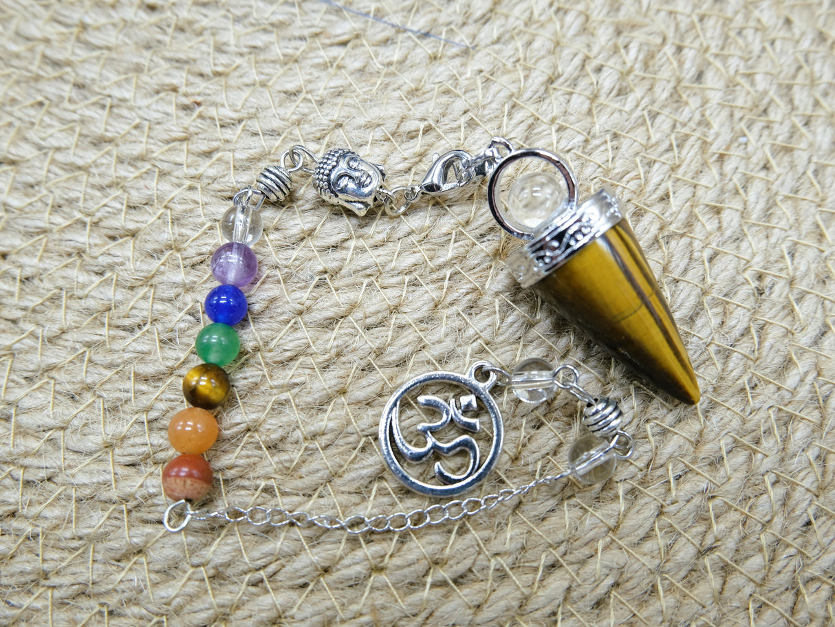 Ohm Chakra Tiger Eye Pendulum | These pendulums are bracelet, pendant and traditional pendulum